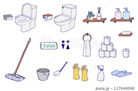 トイレと掃除道具のアイコンのイラストセット 117640090