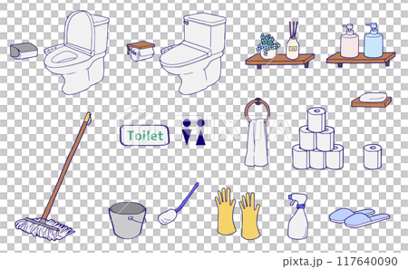 トイレと掃除道具のアイコンのイラストセット 117640090