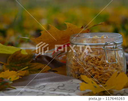 Design autumn outdoors still life flatlay. Autumn Halloween picnic concept. Dried flowers in a jar and fallen yellow leaves on a blanket on the grass. Warm sunny autumn day Design autumn outdoors still life flatlay. Autumn Halloween picnic concept. Dried flowers in a jar and fallen yellow leaves on a blanket on the grass. Warm sunny autumn day 117640263