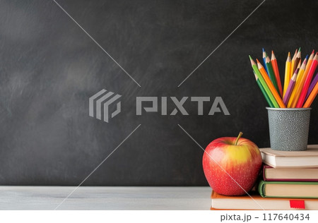 Colorful pencils in a black pot beside stacked books and an apple on a desk 117640434