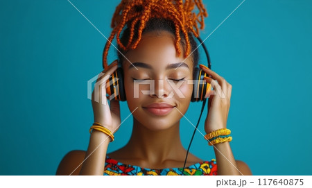 Young woman listens to music with headphones in front of a blue background 117640875