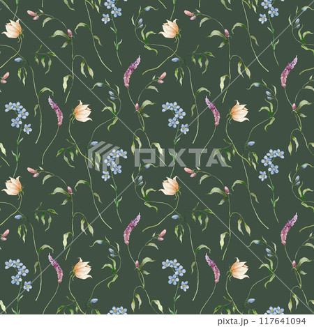 Watercolor seamless pattern of cosmos flower, forget-me-not and lavender. Hand painted floral composition isolated on dark green background. Flower illustration for interior design and background. 117641094