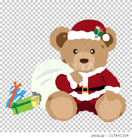 Illustration of a teddy bear dressed as Santa holding a bag with a hole in it and presents spilling out Illustration of a teddy bear dressed as Santa holding a bag with a hole in it and presents spilling out 117641104