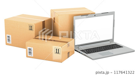Laptop computer with parcels, 3D rendering Laptop computer with parcels, 3D rendering 117641322