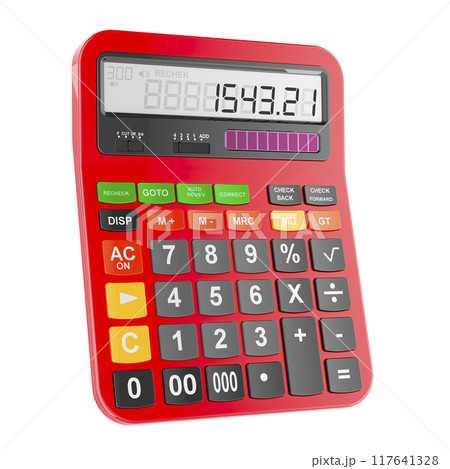 Red Electronic Calculator, pocket calculator. 3D rendering Red Electronic Calculator, pocket calculator. 3D rendering 117641328
