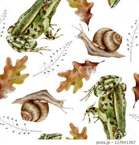 Frog, snail and oak leaf seamless pattern watercolor illustration 117641367