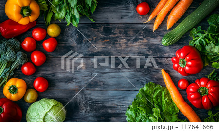様々な新鮮な野菜が木製のテーブルを囲むように自然な枠を作り 117641666