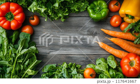 様々な新鮮な野菜が木製のテーブルを囲むように自然な枠を作り 117641667