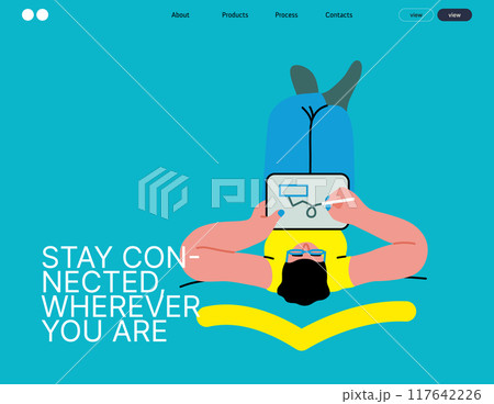 Creative workspace, modern flat vector concept illustration of a woman working sitting with a computer Remote work, flexibility, independence, efficiency, mobility, synergy, freedom 117642226
