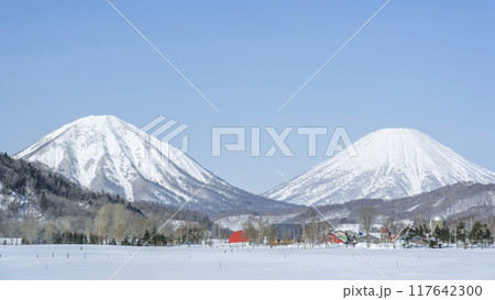 冬の牧場 16:9 尻別岳(左)羊蹄山(右)喜茂別町 冬の牧場 16:9 尻別岳(左)羊蹄山(右)喜茂別町 117642300