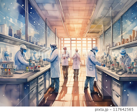 A futuristic lab with scientists at work A futuristic lab with scientists at work 117642565