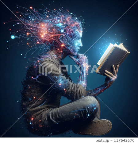 Human figure composed of swirling energy lines, reading a glowing book Human figure composed of swirling energy lines, reading a glowing book 117642570