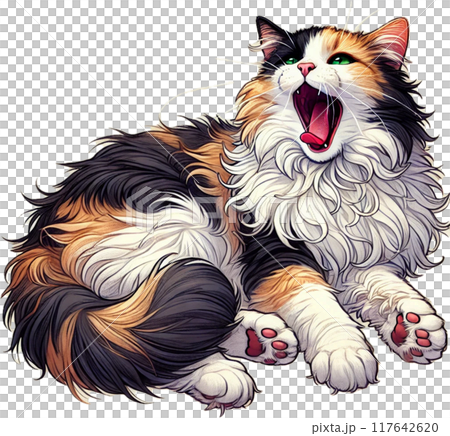 打呵欠的長毛三色貓 117642620