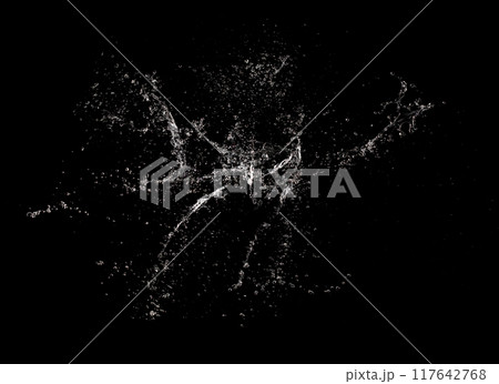Splashing water to object make curve drop explosion in explosion motion. Black background isolated. Splatter Water splash hit on object to create shape form fluttering in droplet and wave 117642768