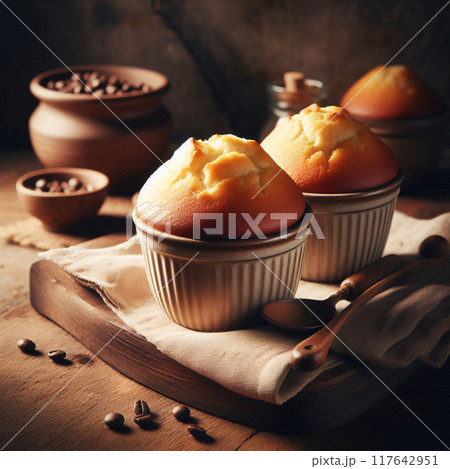 Warm, freshly baked muffins in ceramic ramekins on a wooden table 117642951