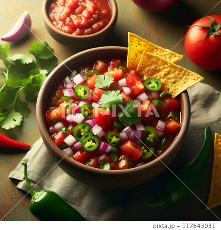 Freshly made salsa with tomatoes, onions, jalapenos, and cilantro. Chips and lime on the side 117643031