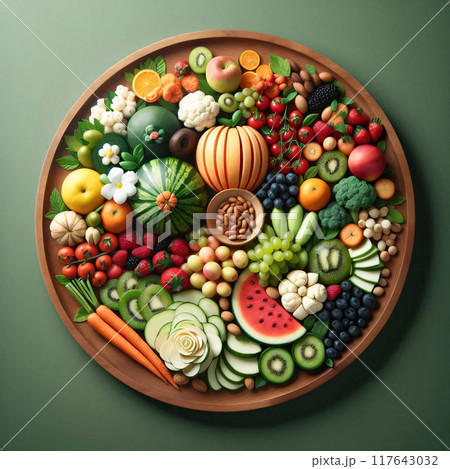 A colorful wooden platter overflows with fresh fruits, vegetables, and nuts 117643032