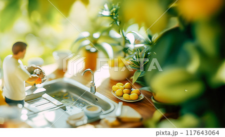 明るいキッチンでの皿洗い 明るいキッチンでの皿洗い 117643064