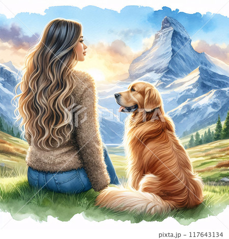 A woman and her dog admire a mountain landscape 117643134
