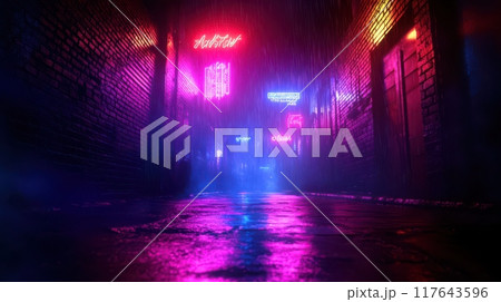 A neon sign lit up in the rain. The sign says "Hobart" in neon lights 117643596