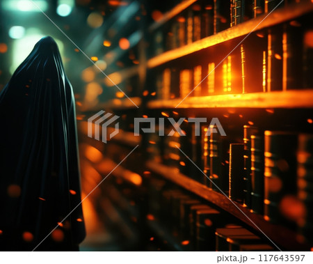 A person in a black cloak is walking through a library with shelves of books. The scene is dark and mysterious, with the person's shadow casting a long figure on the wall 117643597