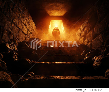 A person is standing in a dark, narrow tunnel with a light shining on them. The tunnel is filled with rocks and the person appears to be looking up at the light. Scene is eerie and mysterious 117643598