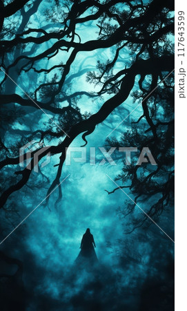 A person is standing in a forest with trees and fog. The person is wearing a dress and he is looking at something in the distance. Scene is mysterious and eerie 117643599