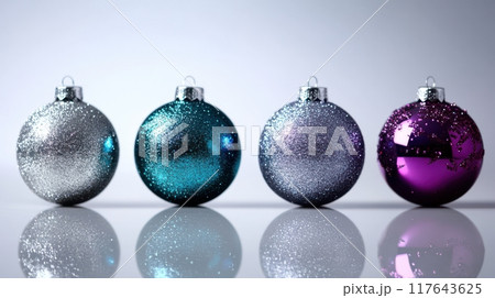 A row of four Christmas ornaments with glittery blue and silver designs 117643625