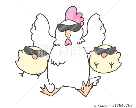 サングラスをしてジャンプする可愛いにわとりとひよこ 117643765