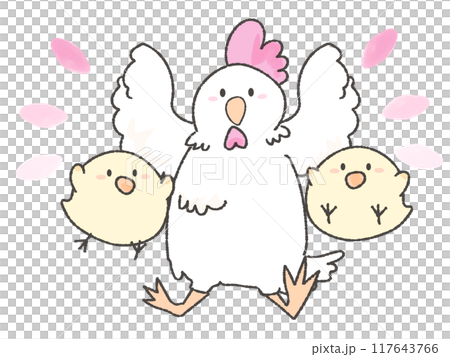 元気にジャンプするかわいいにわとりとひよこ 117643766