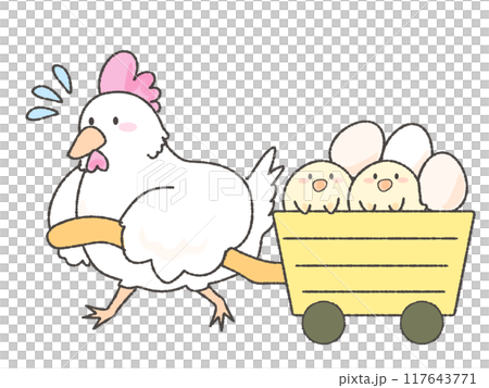 リアカーをひく可愛いにわとりとひよこ 117643771