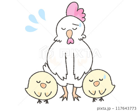 お辞儀をして謝るゆるいにわとりとひよこ 117643773