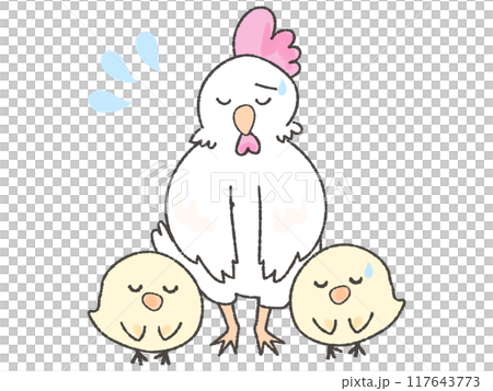 お辞儀をして謝るゆるいにわとりとひよこ 117643773