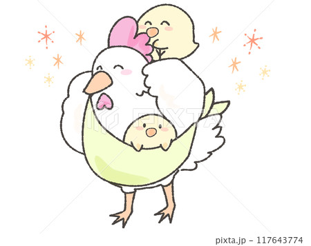 子育て、抱っこをする可愛いにわとりとひよこ 子育て、抱っこをする可愛いにわとりとひよこ 117643774