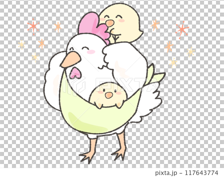 子育て、抱っこをする可愛いにわとりとひよこ 子育て、抱っこをする可愛いにわとりとひよこ 117643774