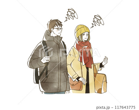 冬に旅行をする困った表情の男女 冬に旅行をする困った表情の男女 117643775
