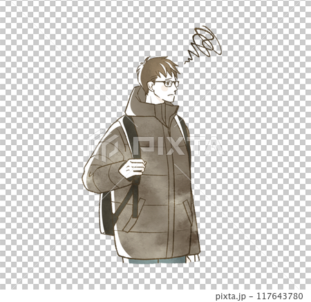 A man with a troubled expression carrying a backpack 117643780
