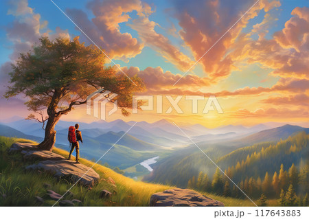 清々しい朝を迎える登山者 117643883