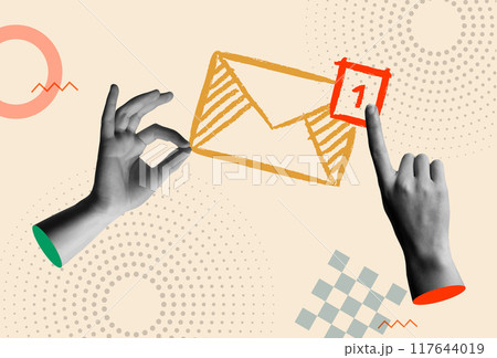 Inbox mail message notification and hand in retro collage vector Inbox mail message notification and hand in retro collage vector 117644019