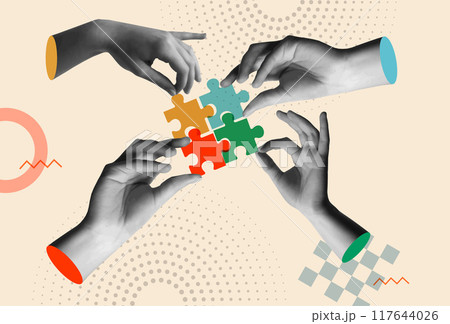 Hands holding colorful puzzle pieces in retro collage vector illustration 117644026