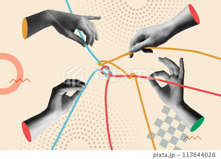 Human hands joined by rope in 80s retro collage vector illustration 117644028