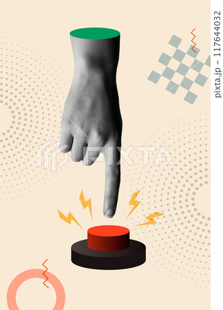 Hand pressing the red start button in retro collage vector illustration 117644032