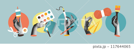 Diversity hobbies and leisure, hands in retro collage vector illustration set 117644065