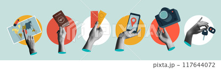 Human hands holding tourist travel elements in retro collage vector illustration set 117644072