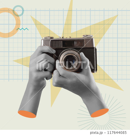 Hands shooting a retro camera in a collage vector illustration, photography concept. Hands shooting a retro camera in a collage vector illustration, photography concept. 117644085