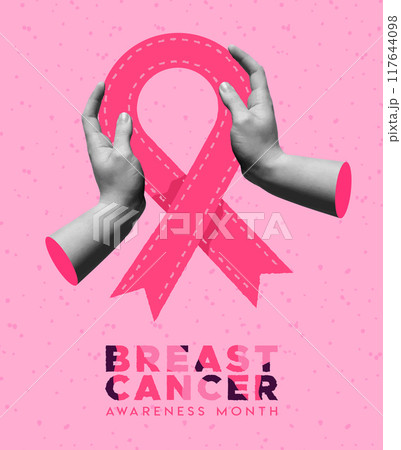 Breast cancer pink ribbon and human hands in retro collage vector illustration 117644098