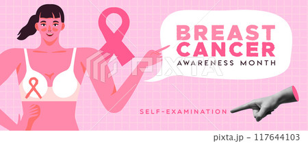 Breast cancer prevention self exam woman in bra in retro collage vector illustration 117644103