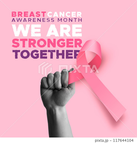 Pink breast cancer ribbon and raised fist in retro collage vector illustration 117644104