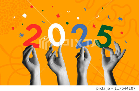 Happy New Year 2025 and human hands in collage vector illustration Happy New Year 2025 and human hands in collage vector illustration 117644107