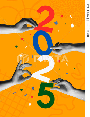 New Year 2025 celebration with human hands in collage vector card illustration 117644108
